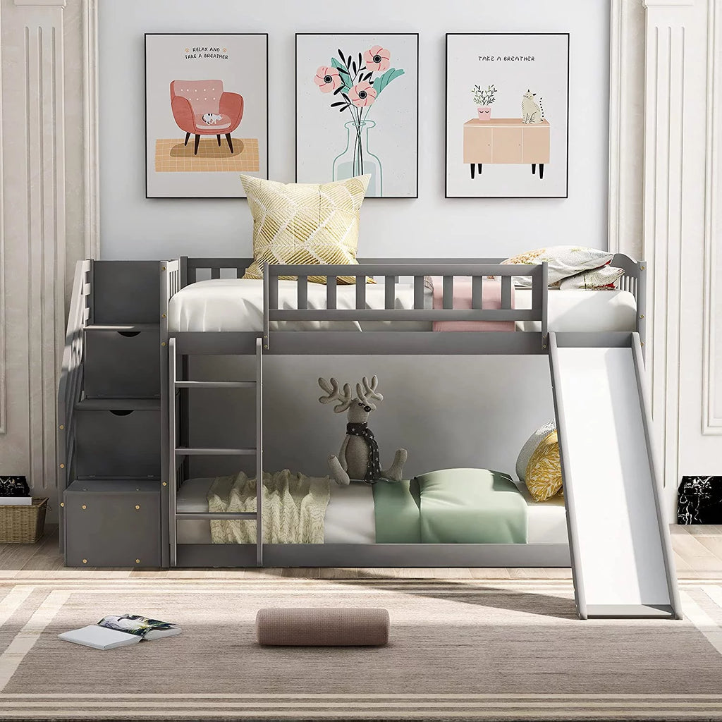 Wooden Bunk Bed with Slide and Guardrail M93030