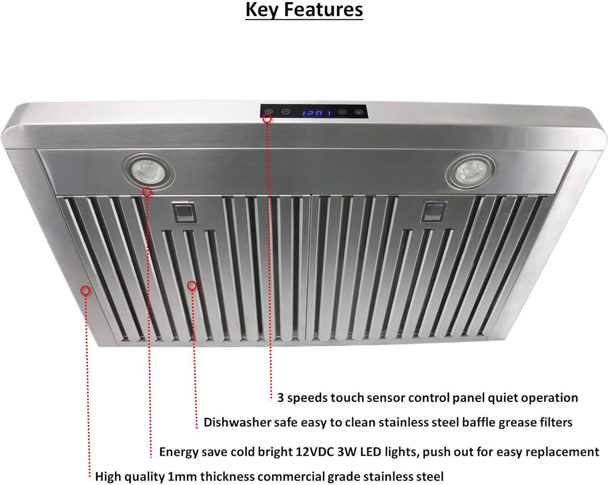 30 Inch Under Cabinet Stainless Steel Range Hood with Baffle Filters V200
