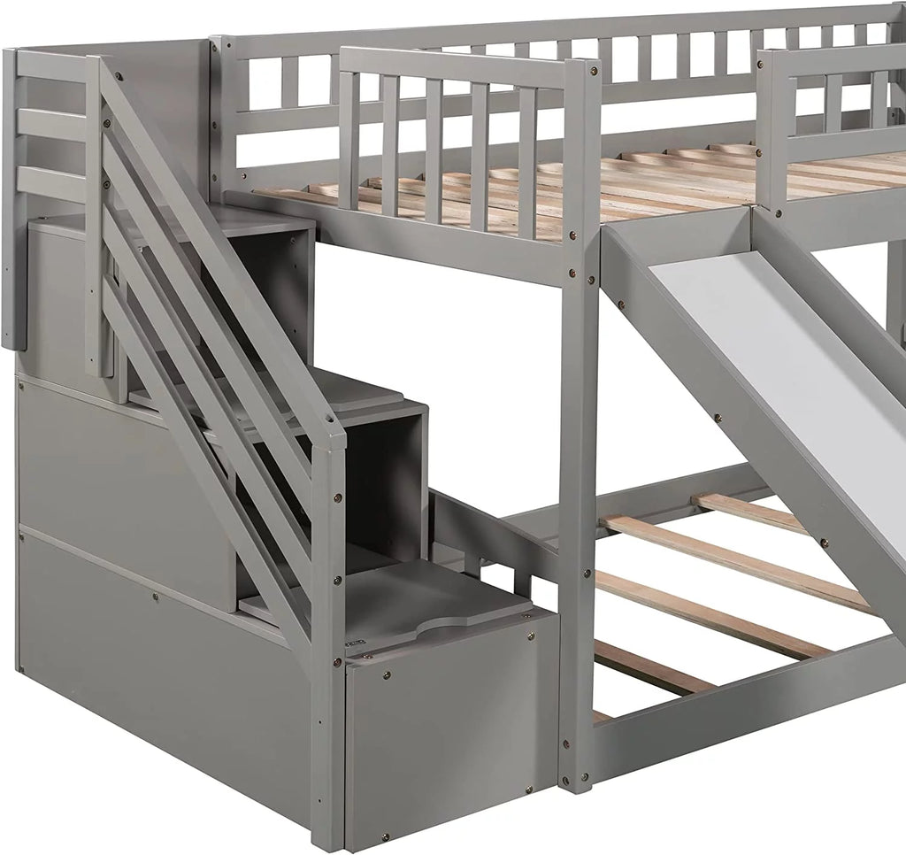 Wooden Bunk Bed with Slide and Guardrail M93030