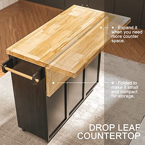 Black Rolling Kitchen Island Cart with Drop-Leaf Countertop, 3 Drawers, Rubberwood Top, on Wheels W894409