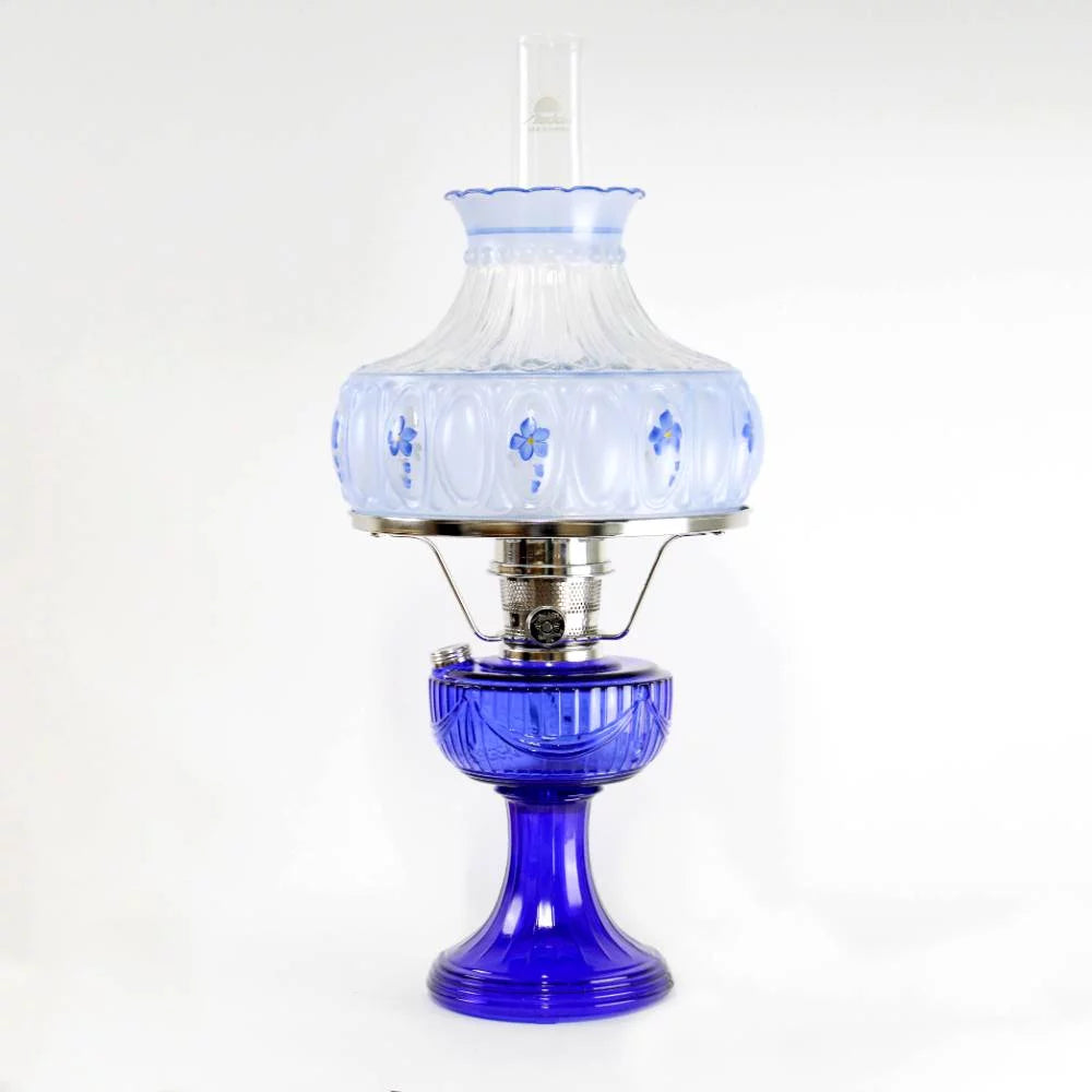 Cobalt Glass Non-Electric Oil Lamp with Blue Meadow Shade O3075