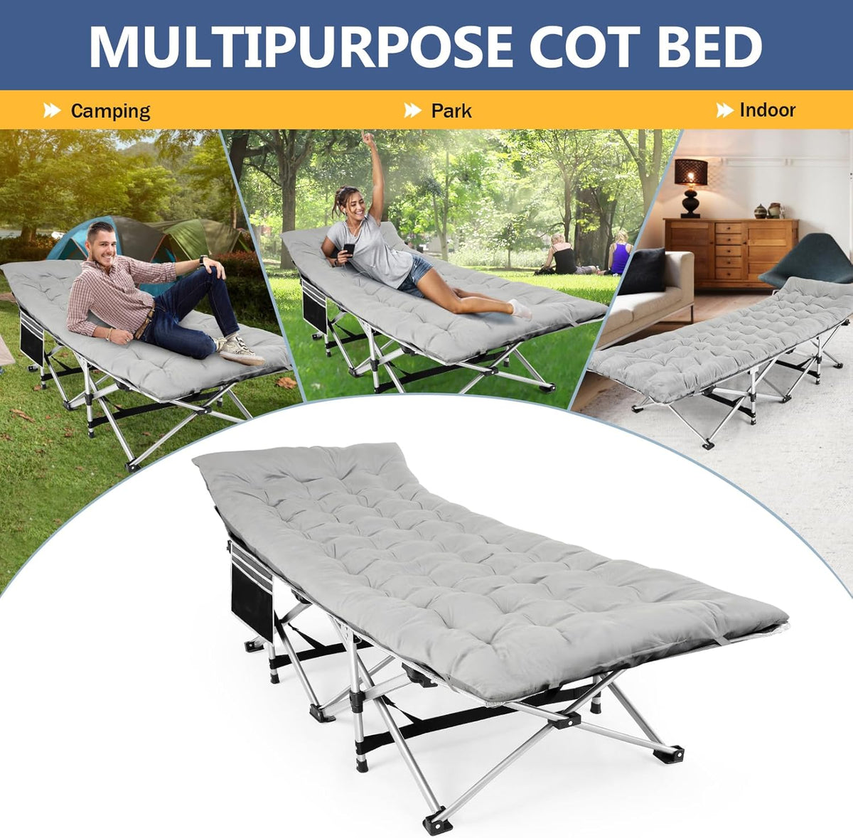 Folding Camping Cot with Carry Bag Grey Q776