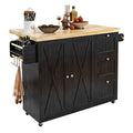 Black Rolling Kitchen Island Cart with Drop-Leaf Countertop, 3 Drawers, Rubberwood Top, on Wheels W894409