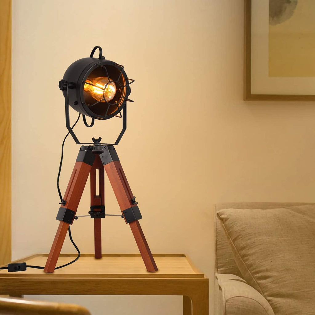 Vintage Adjustable Wood Tripod Floor Lamp with Black Cage Lampshade I94940