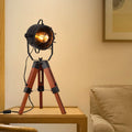 Vintage Adjustable Wood Tripod Floor Lamp with Black Cage Lampshade I94940