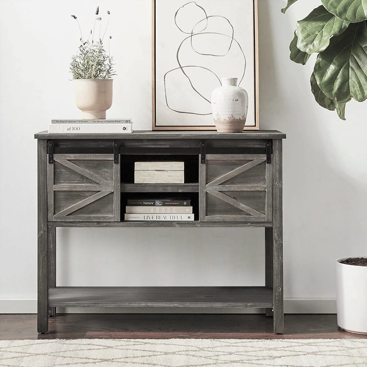 Antique Farmhouse Console Table with Sliding Barn Doors and Bottom Storage Shelf, Gray H663612