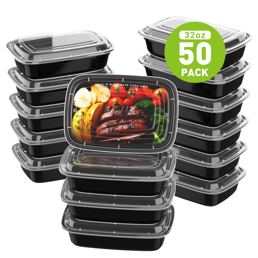 50 Pack 32 oz Plastic Meal Prep Containers with Lids T9287