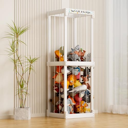 White Wooden Stuffed Animal Storage Cage with Elastic Rope R72880