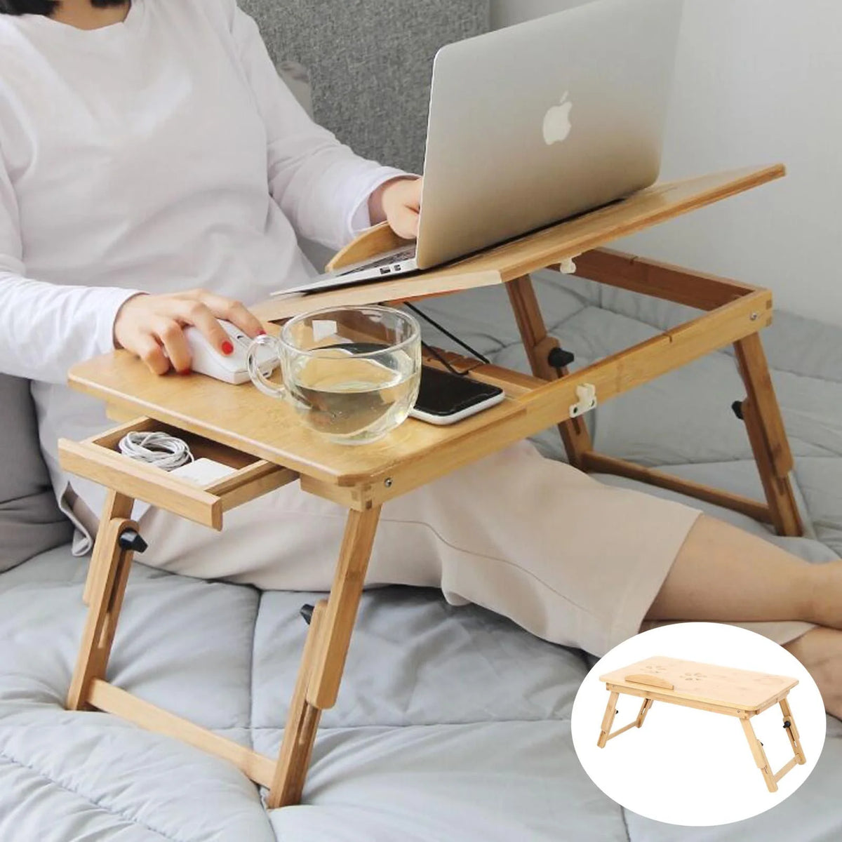 Bamboo Portable Laptop Desk with Tilt Top and Storage Drawer D568100
