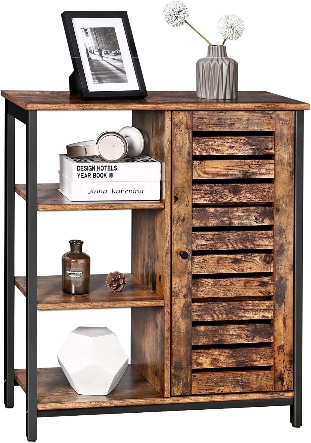 Rustic Brown and Black Storage Cabinet with 3 Open Shelves and Closed Compartments G6987