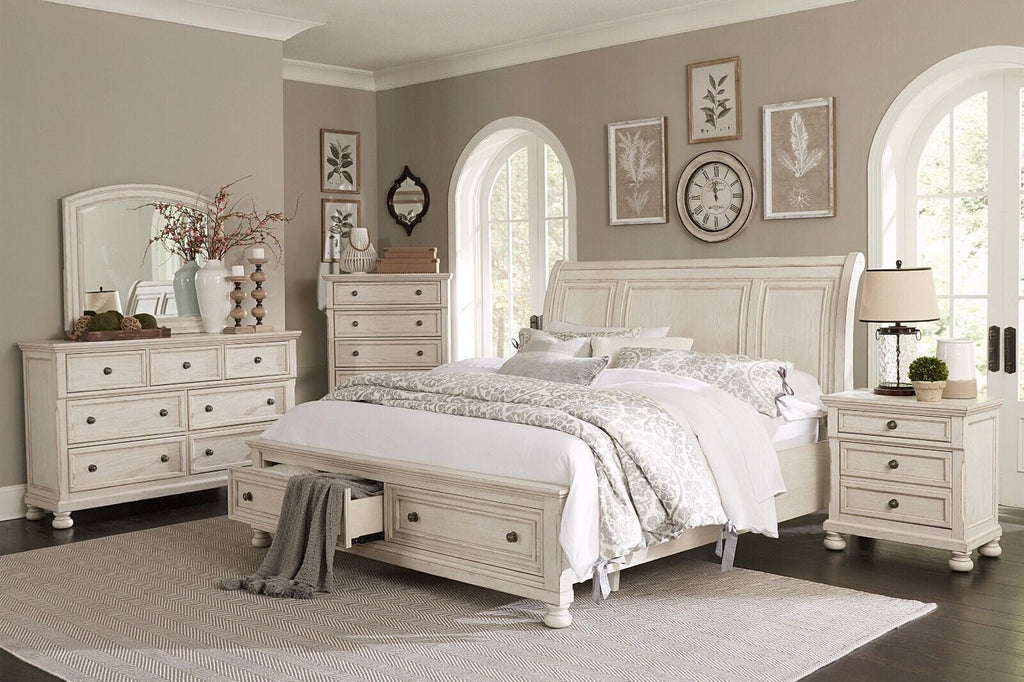 White Queen Size Platform Storage Bed Nightstands Dresser Mirror 6pc Set O8659