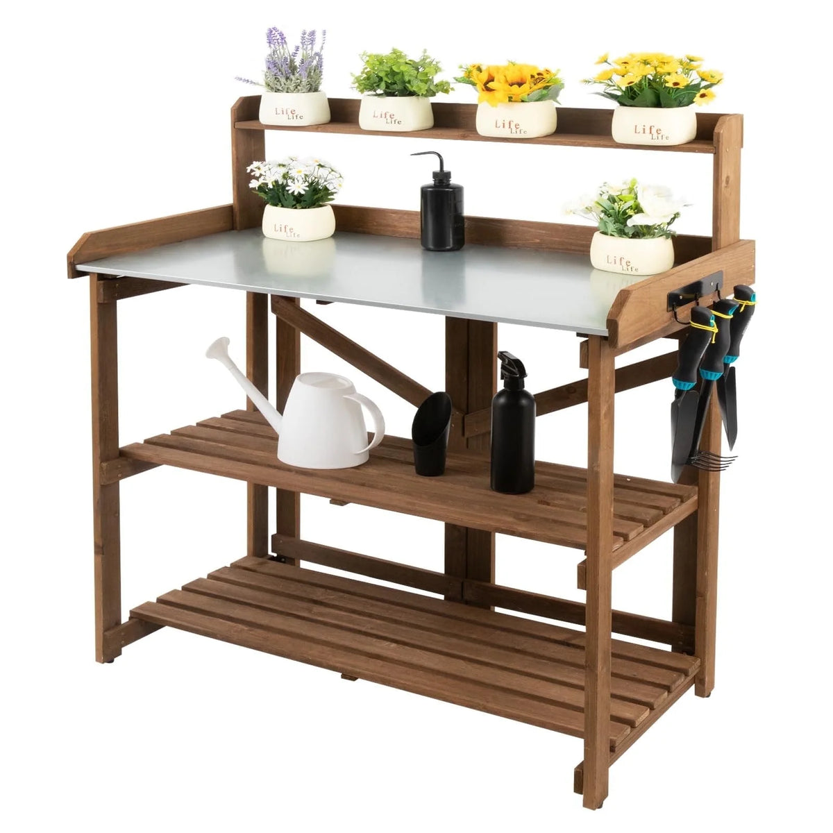 Folding Potting Bench Table with Galvanized Tabletop 2 Tier Storage Shelves B334371