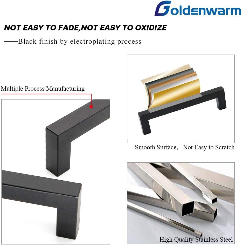 10 Pack Black Square Bar Cabinet Pull Drawer Handle Stainless Steel, Center to Center 6-1/4in (160mm) X7122