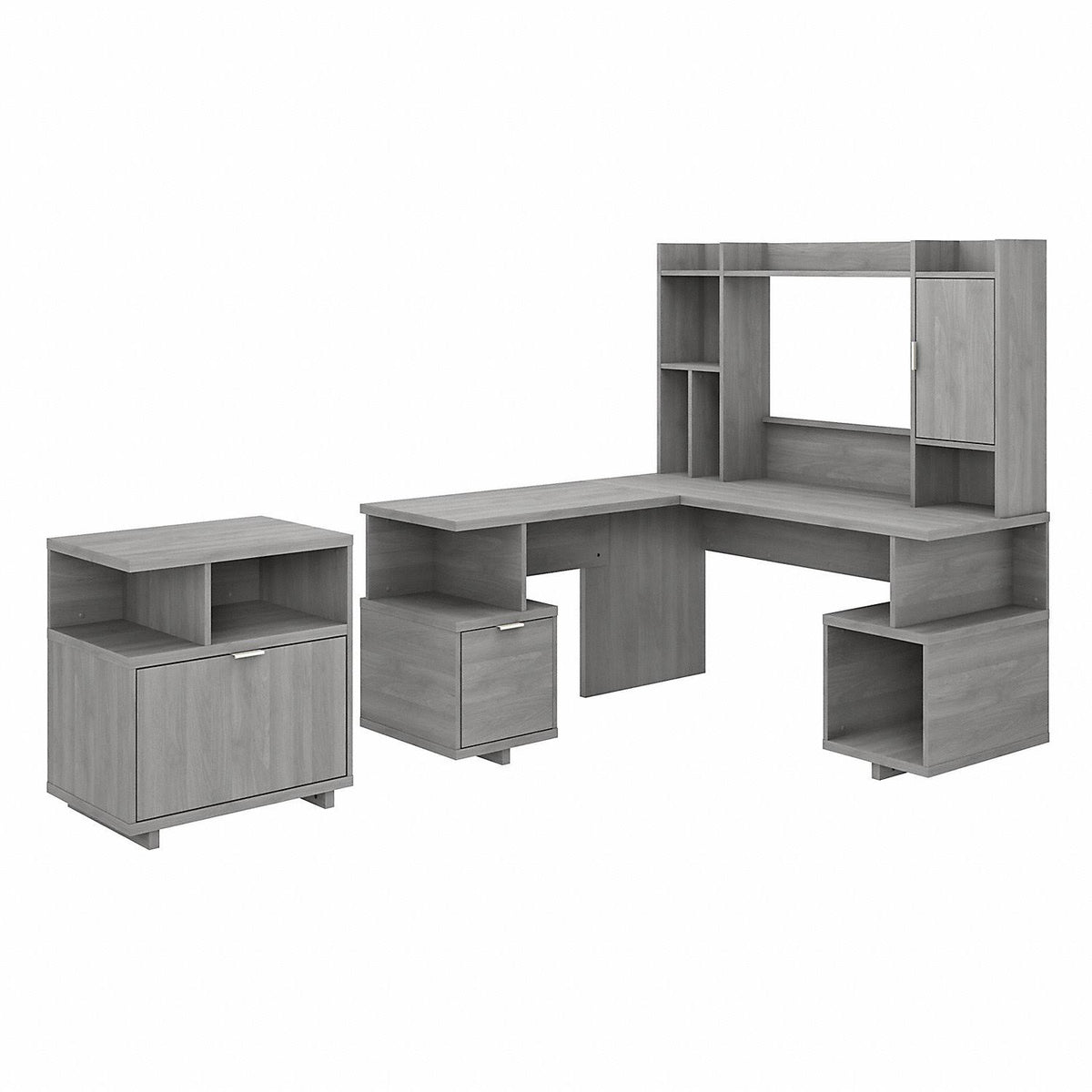 Gray L Shaped Desk with Hutch and Lateral File Cabinet Y46583