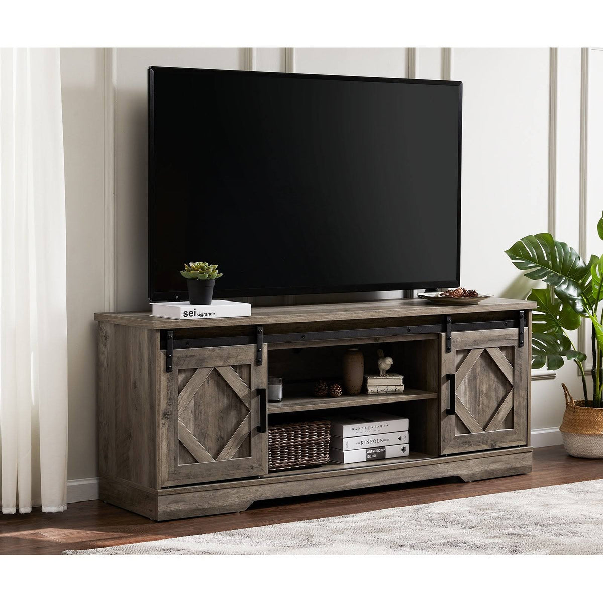 Rustic Grey Wash Wood TV Stand Storage Cabinet N804012