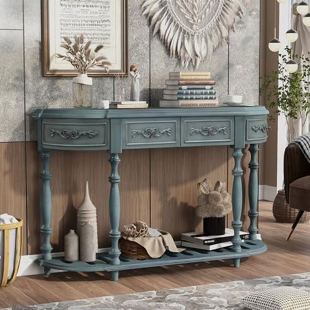 Retro Curved Console Table with 2 Top Drawers and Solid Wooden Frame K227