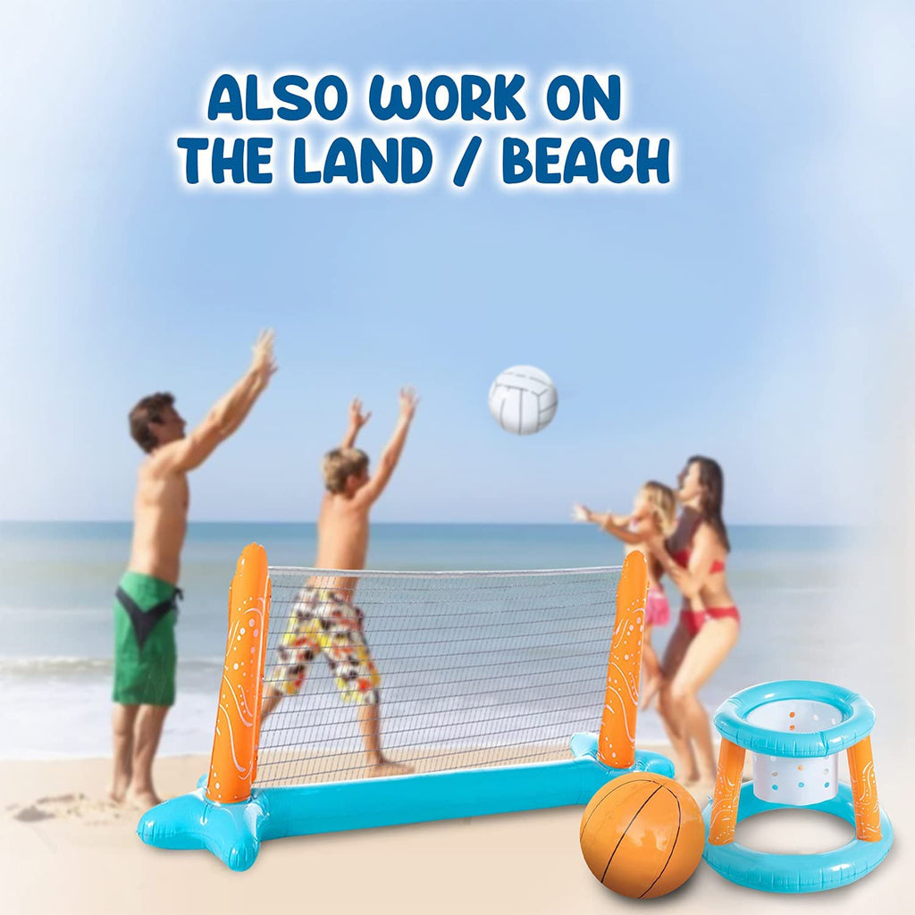 Inflatable Pool Float Set with Volleyball Net, Basketball Hoops, Balls Included F698570