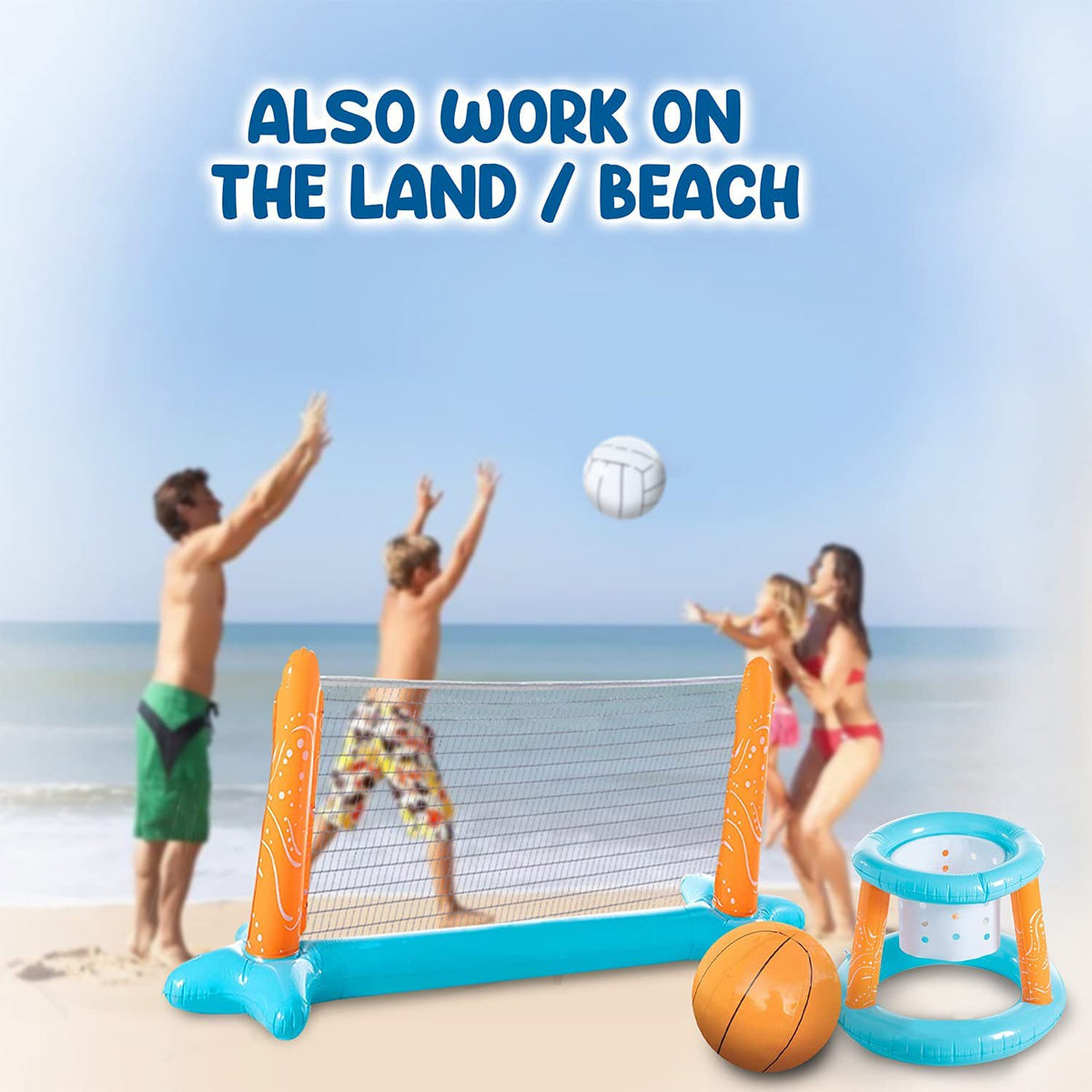 Inflatable Pool Float Set with Volleyball Net, Basketball Hoops, Balls Included F698570