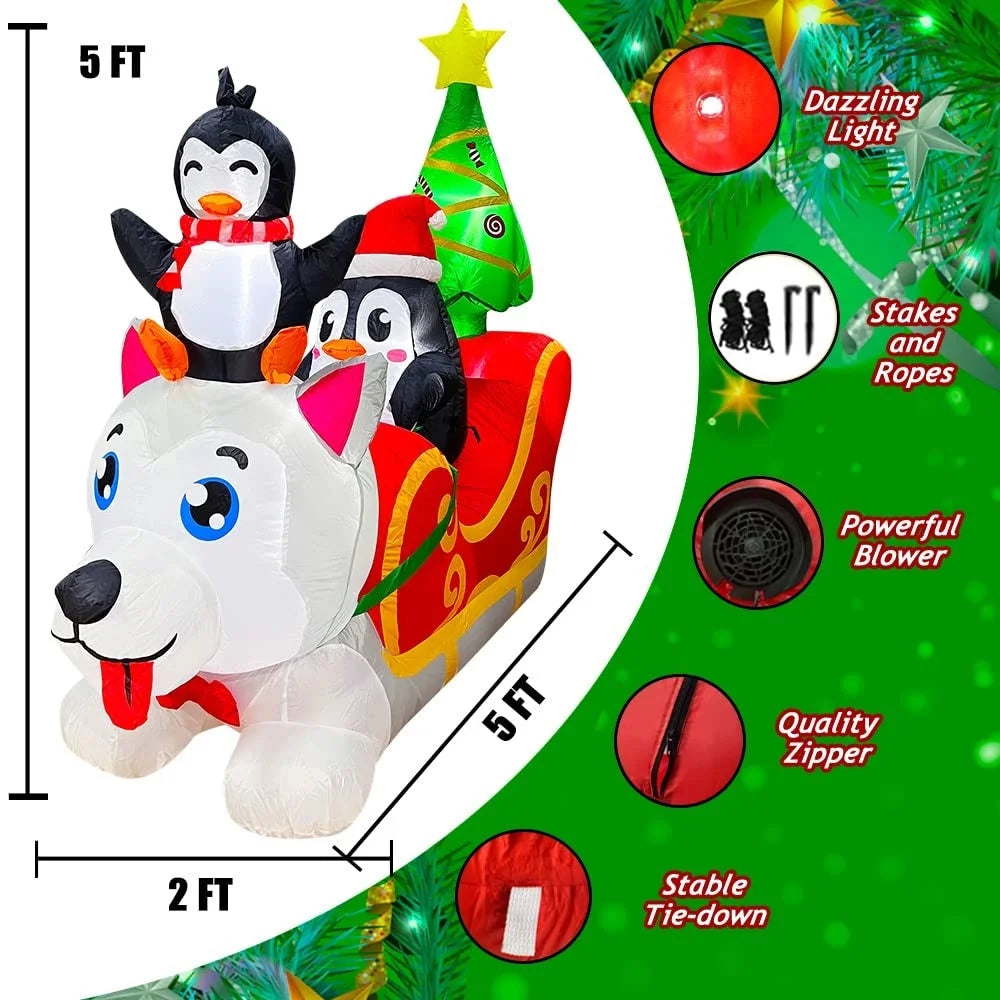 Inflatable Christmas Dog Sledding Decoration with Penguin and Christmas Tree, 5FT Y19432