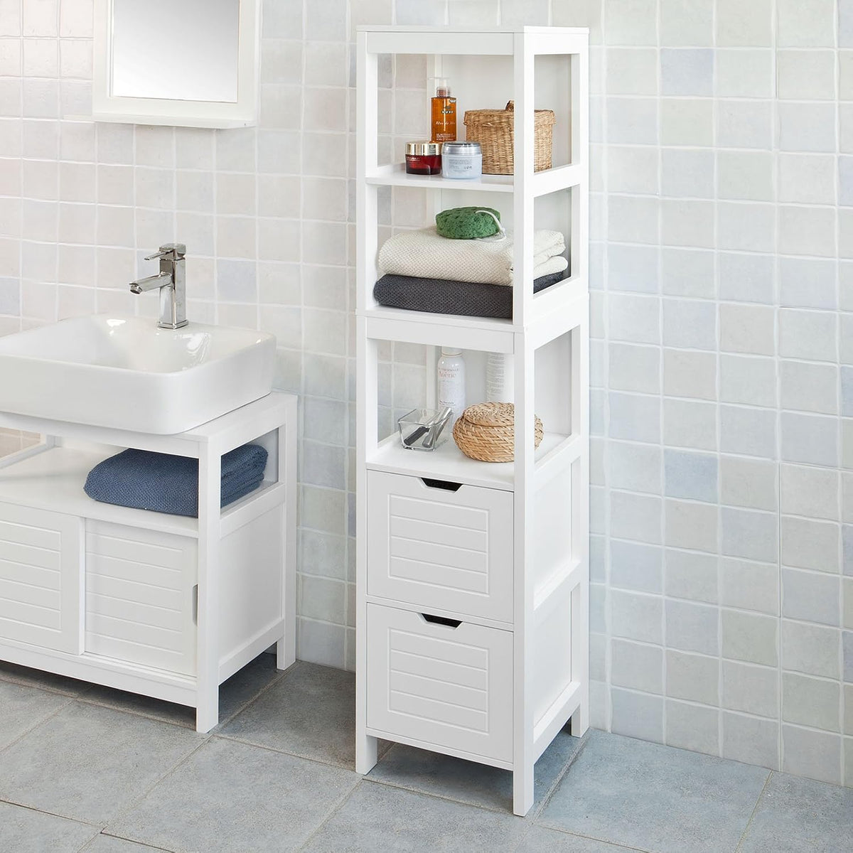 White Floor Standing Bathroom Storage Cabinet with Shelves and Door W7270