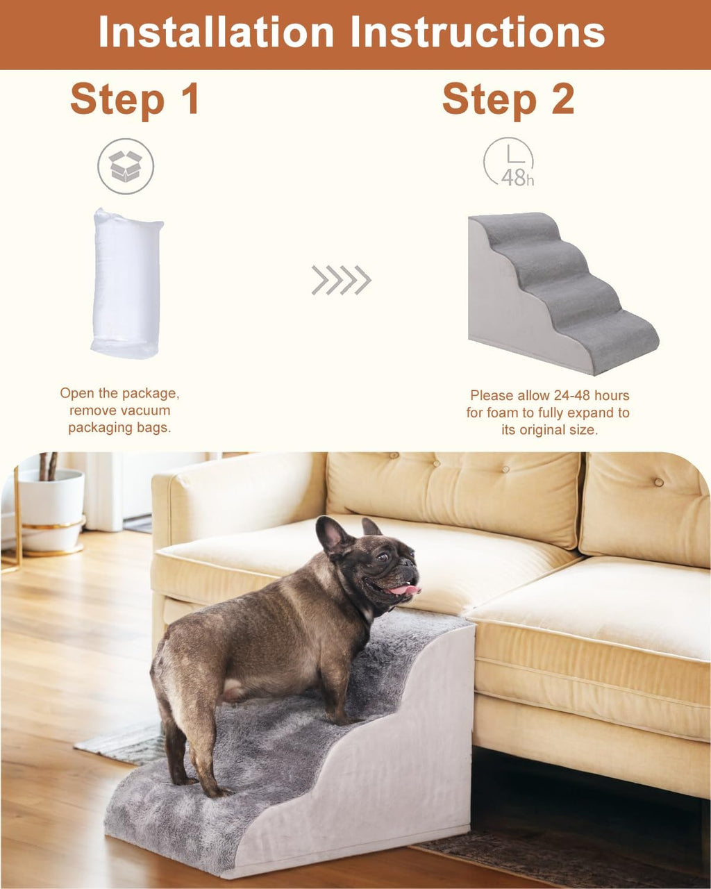 Grey 3-Step High Density Foam Pet Stairs T293784