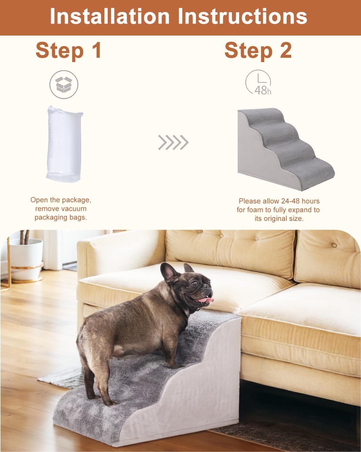 Grey 3-Step High Density Foam Pet Stairs T293784