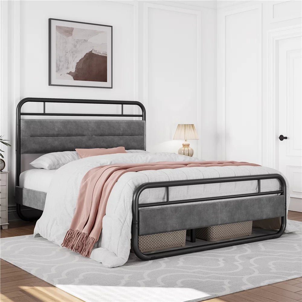 Queen Size Metal Platform Bed with Velvet Upholstered Headboard Dark Gray K55134