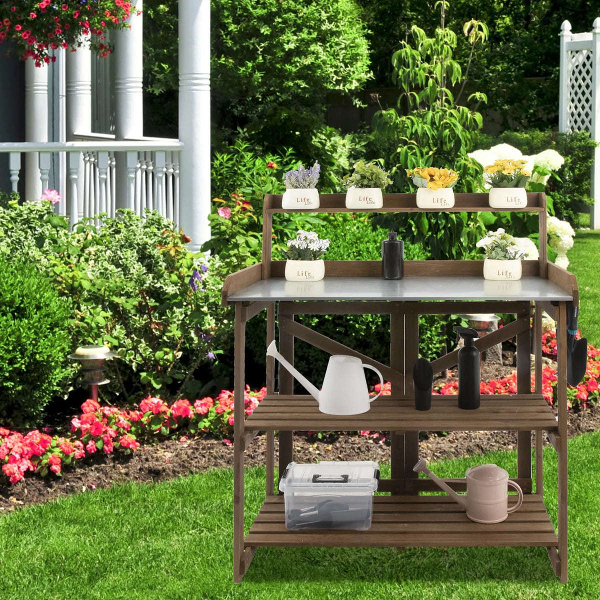 Folding Potting Bench Table with Galvanized Tabletop 2 Tier Storage Shelves B334371