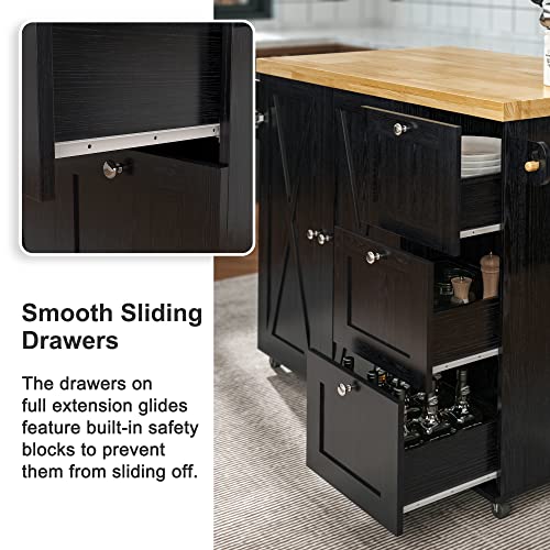 Black Rolling Kitchen Island Cart with Drop-Leaf Countertop, 3 Drawers, Rubberwood Top, on Wheels W894409