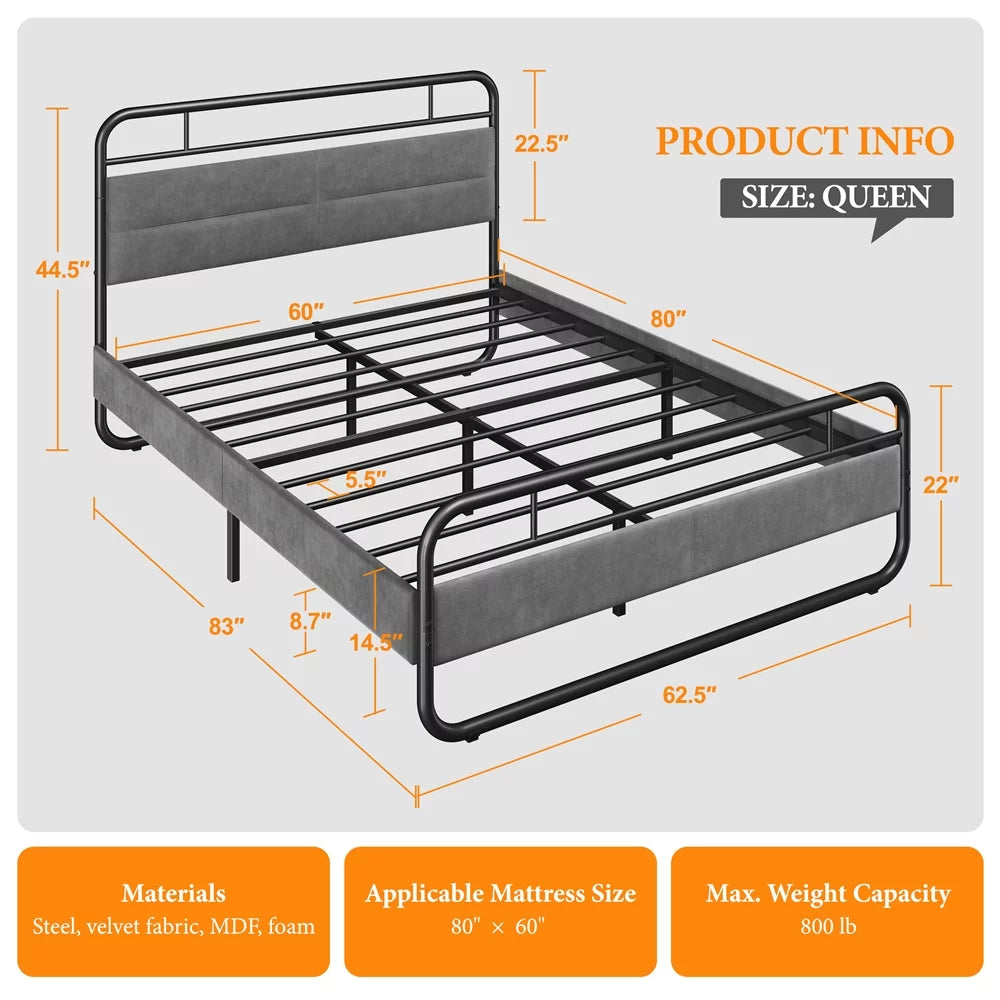 Queen Size Metal Platform Bed with Velvet Upholstered Headboard Dark Gray K55134