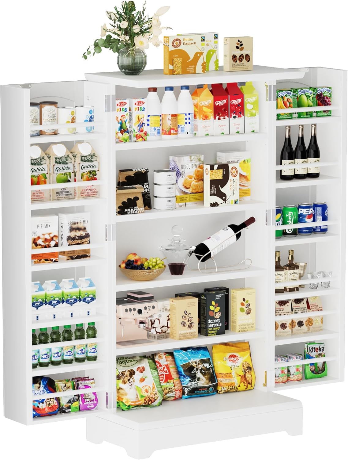 White Kitchen Pantry Storage Cabinet with Doors and Adjustable Shelves T468678
