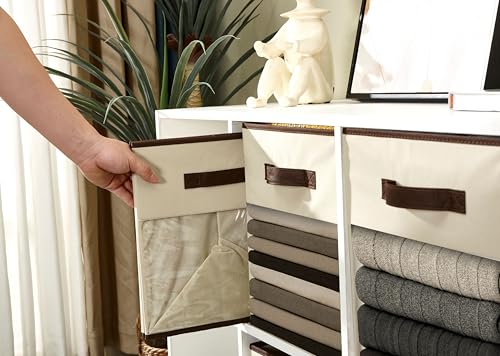13 Inch Fabric Cube Storage Bins with Clear Window, Beige (6pcs) L484919