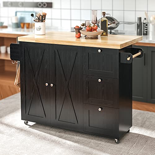 Black Rolling Kitchen Island Cart with Drop-Leaf Countertop, 3 Drawers, Rubberwood Top, on Wheels W894409