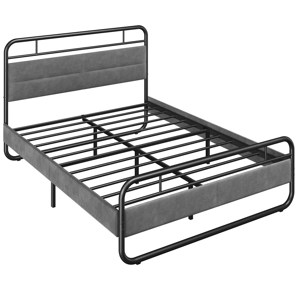 Queen Size Metal Platform Bed with Velvet Upholstered Headboard Dark Gray K55134