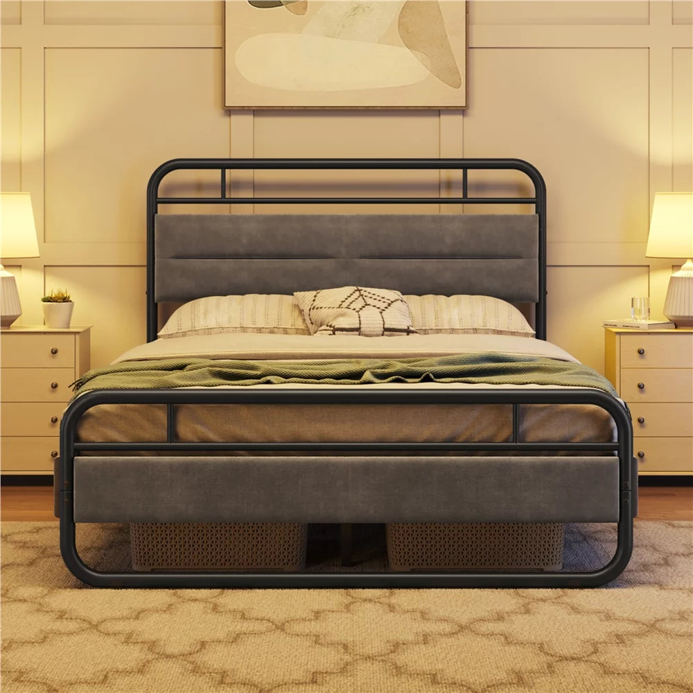 Queen Size Metal Platform Bed with Velvet Upholstered Headboard Dark Gray K55134