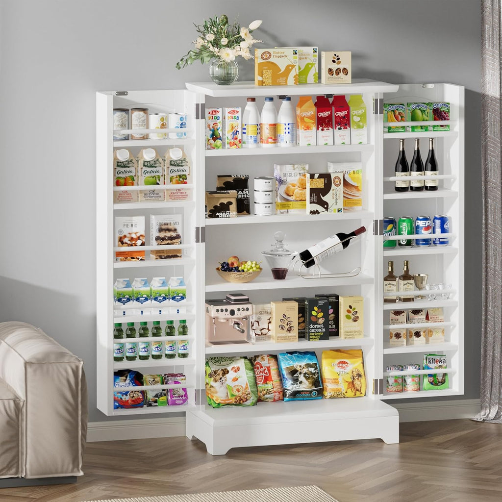 White Kitchen Pantry Storage Cabinet with Doors and Adjustable Shelves T468678
