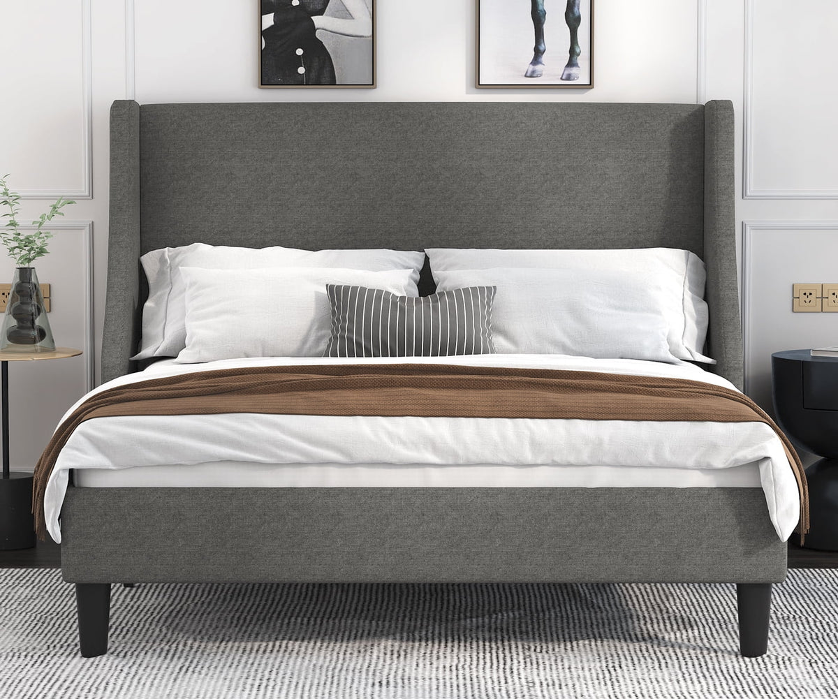Full Size Fabric Upholstered Platform Bed Frame with Wingback Headboard, Light Grey D7122