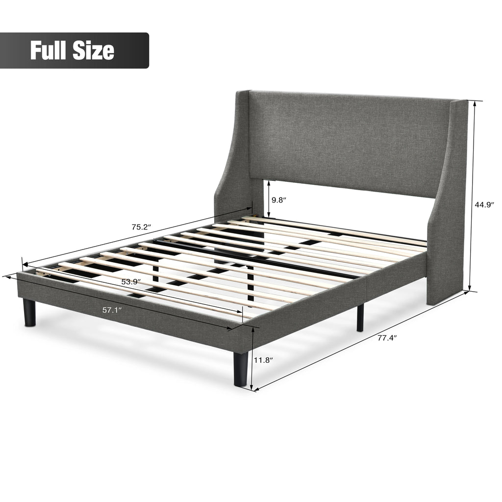 Full Size Fabric Upholstered Platform Bed Frame with Wingback Headboard, Light Grey D7122