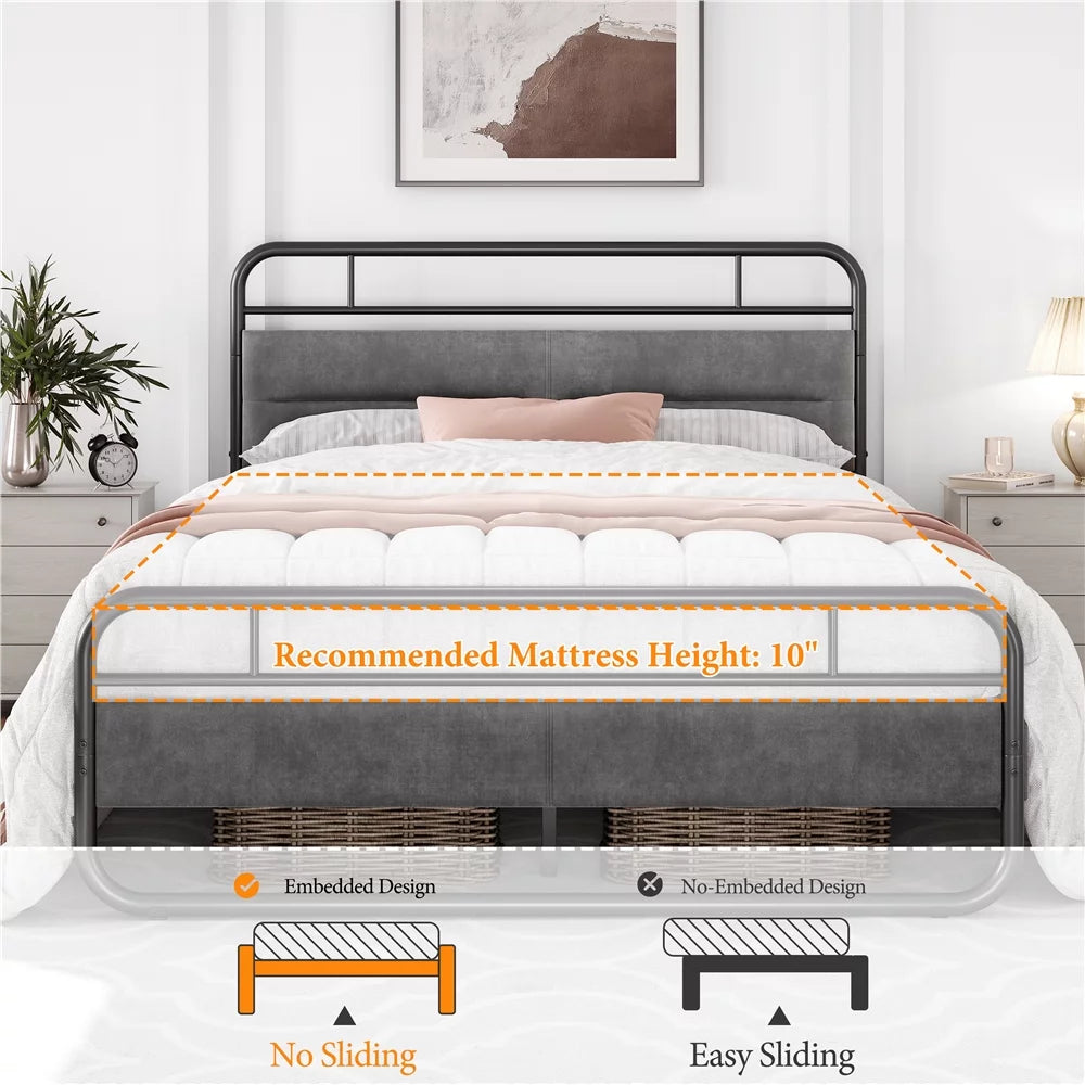 Queen Size Metal Platform Bed with Velvet Upholstered Headboard Dark Gray K55134