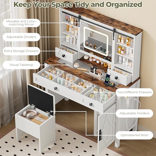 Vanity Desk with Sliding Mirror & Lights, Glass Top, 4 Drawers & Storage Cabinet, Cushioned Stool V646