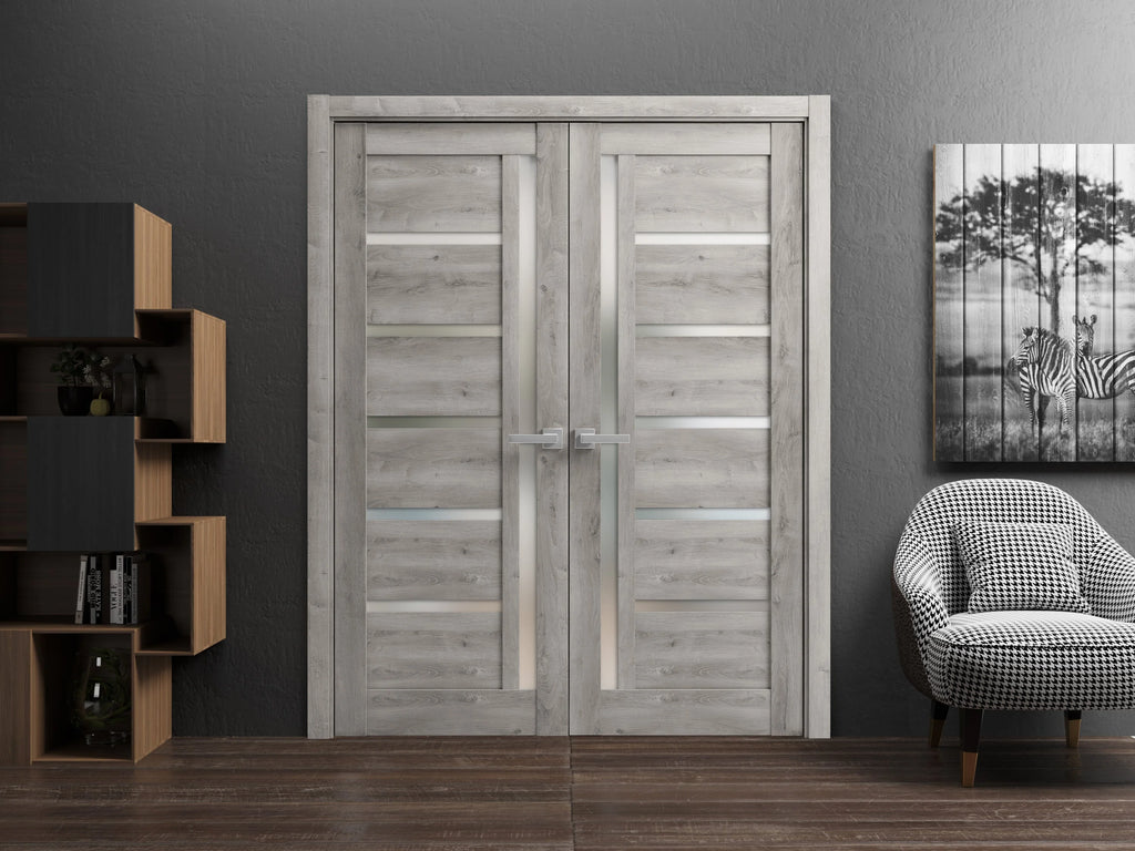 Solid French Double Doors 48 x 80 inches with Frosted Glass Wood Frame U127