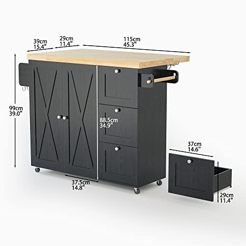 Black Rolling Kitchen Island Cart with Drop-Leaf Countertop, 3 Drawers, Rubberwood Top, on Wheels W894409