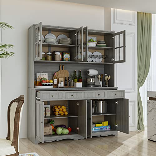 Large Wooden Grey Kitchen Hutch Cabinet with Glass Doors H73998