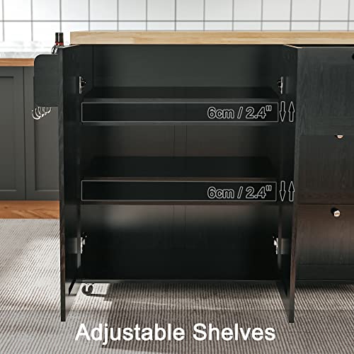 Black Rolling Kitchen Island Cart with Drop-Leaf Countertop, 3 Drawers, Rubberwood Top, on Wheels W894409