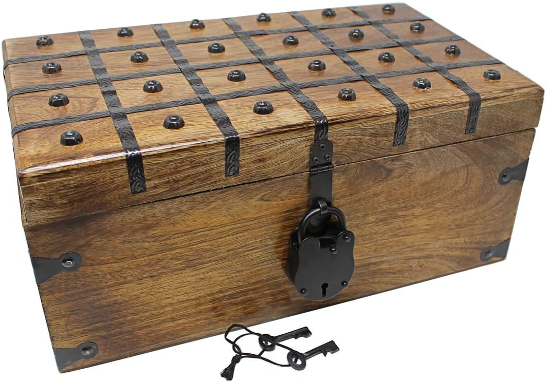 Wooden Storage Box with Iron Lock and Skeleton Key T47131