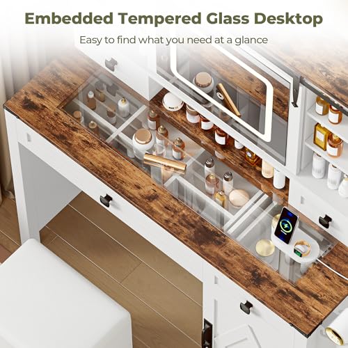 Vanity Desk with Sliding Mirror & Lights, Glass Top, 4 Drawers & Storage Cabinet, Cushioned Stool V646