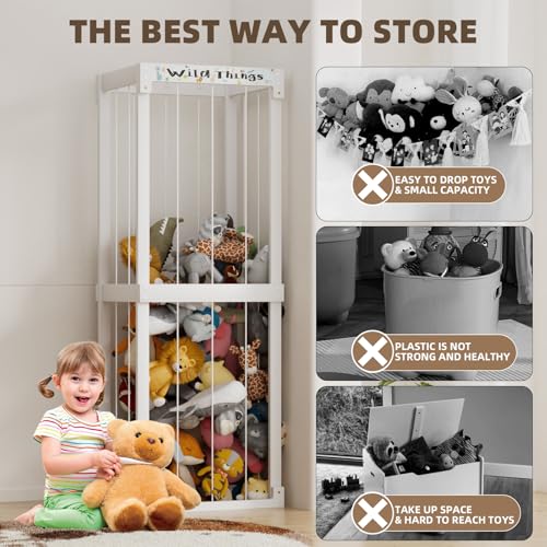White Wooden Stuffed Animal Storage Cage with Elastic Rope R72880