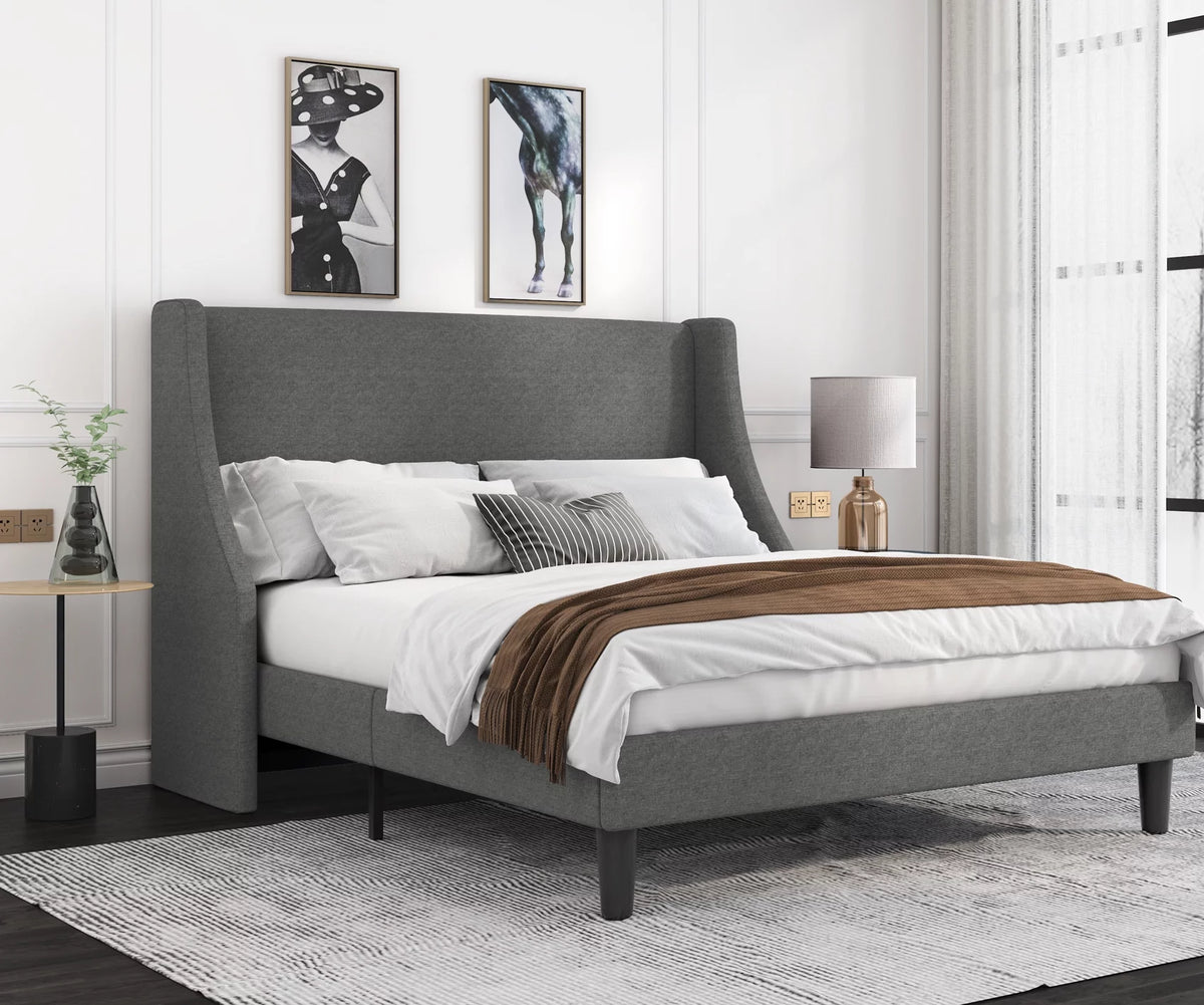 Full Size Fabric Upholstered Platform Bed Frame with Wingback Headboard, Light Grey D7122