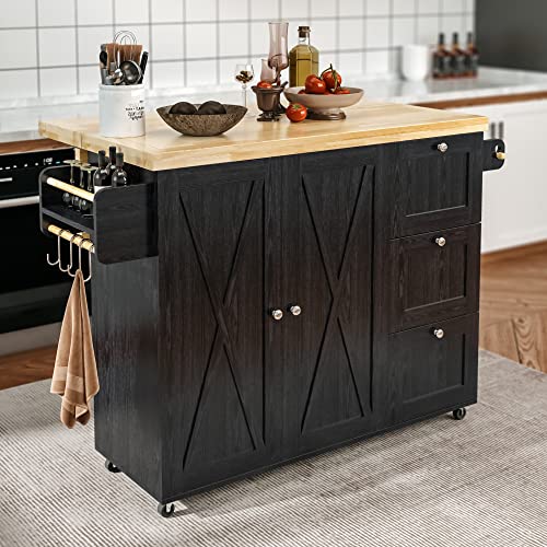 Black Rolling Kitchen Island Cart with Drop-Leaf Countertop, 3 Drawers, Rubberwood Top, on Wheels W894409