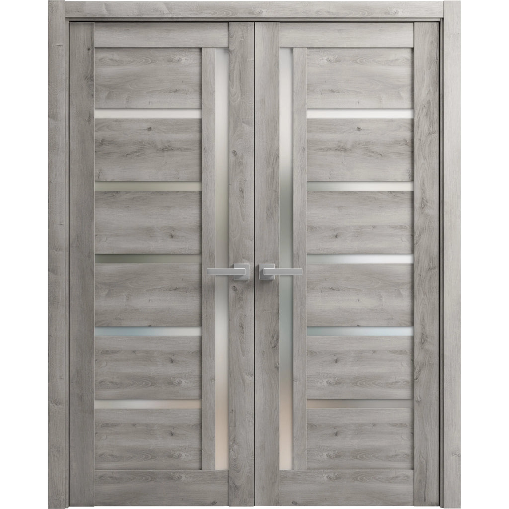 Solid French Double Doors 48 x 80 inches with Frosted Glass Wood Frame U127